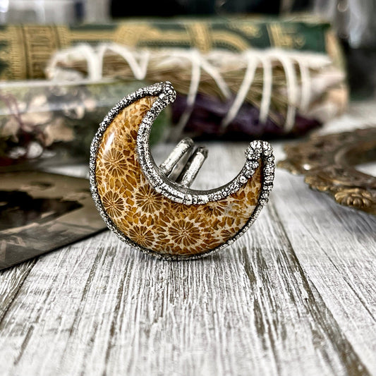 Size 8 Fossilized Coral Crescent Moon Statement Ring in Fine Silver / Foxlark Collection - One of a Kind / Bohemian Alternative Jewelry
