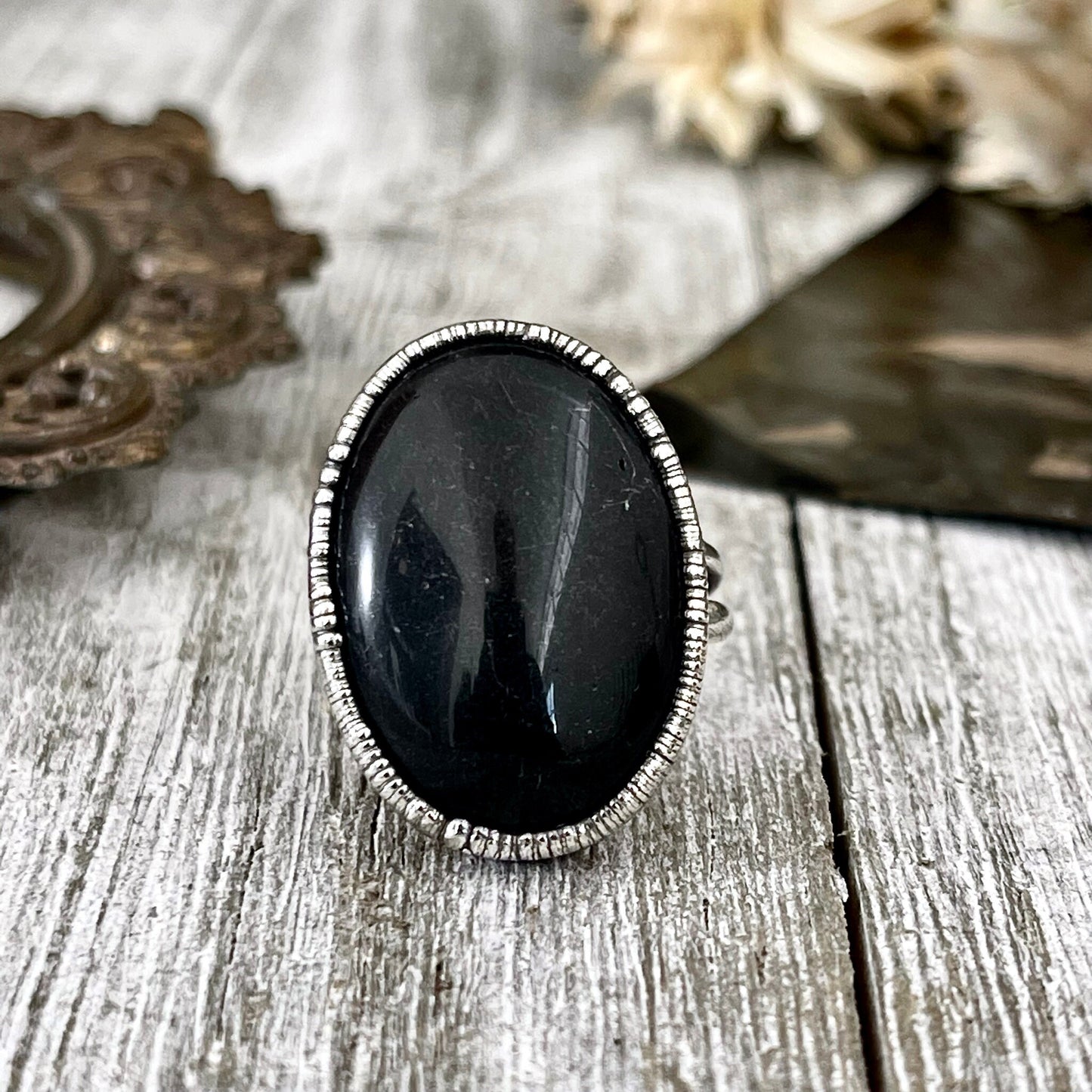 Natural Black Onyx Ring in Fine Silver Size 6 7 / Large Crystal Ring - Black Stone Ring - Silver Crystal Ring - Bohemian Jewelry