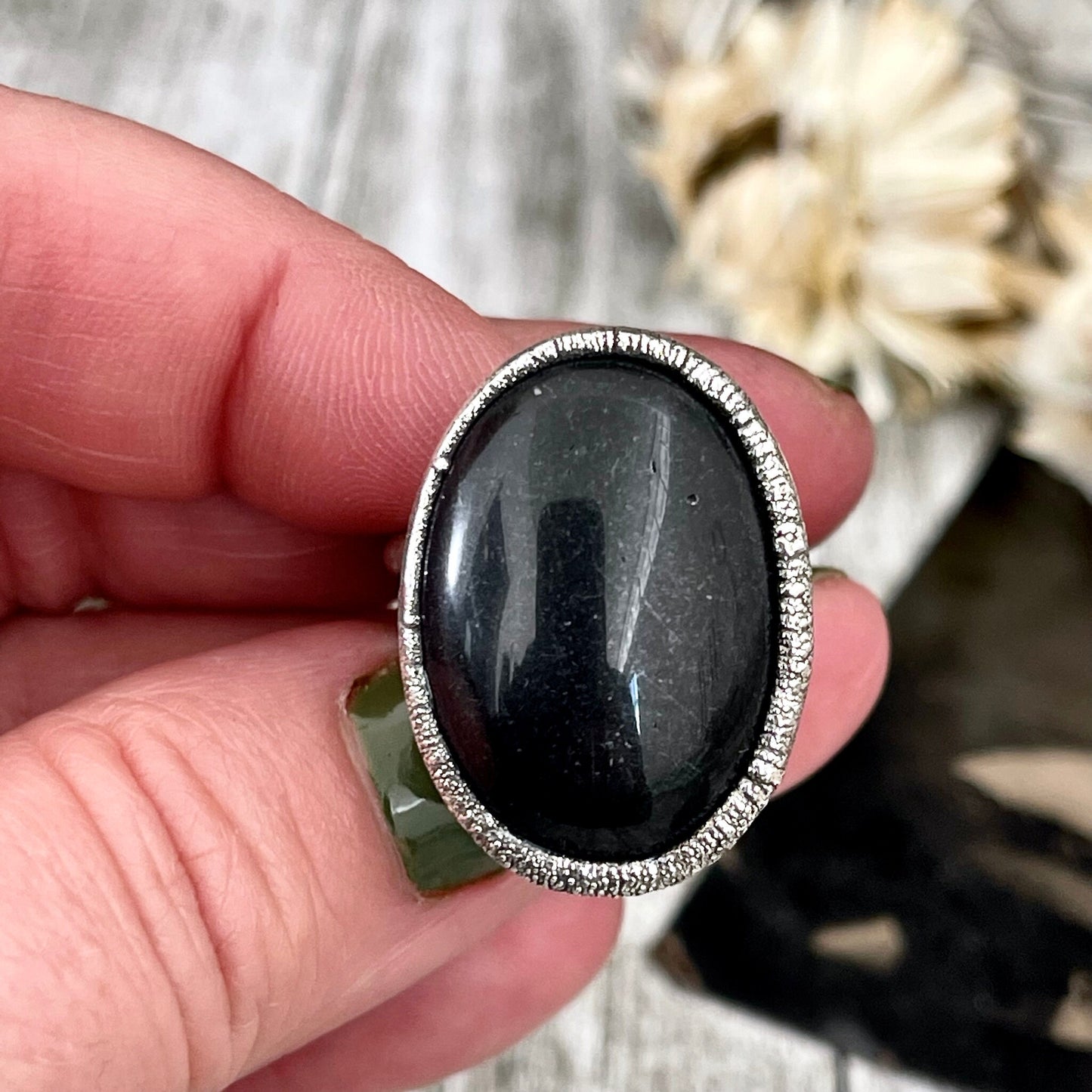 Natural Black Onyx Ring in Fine Silver Size 6 7 / Large Crystal Ring - Black Stone Ring - Silver Crystal Ring - Bohemian Jewelry